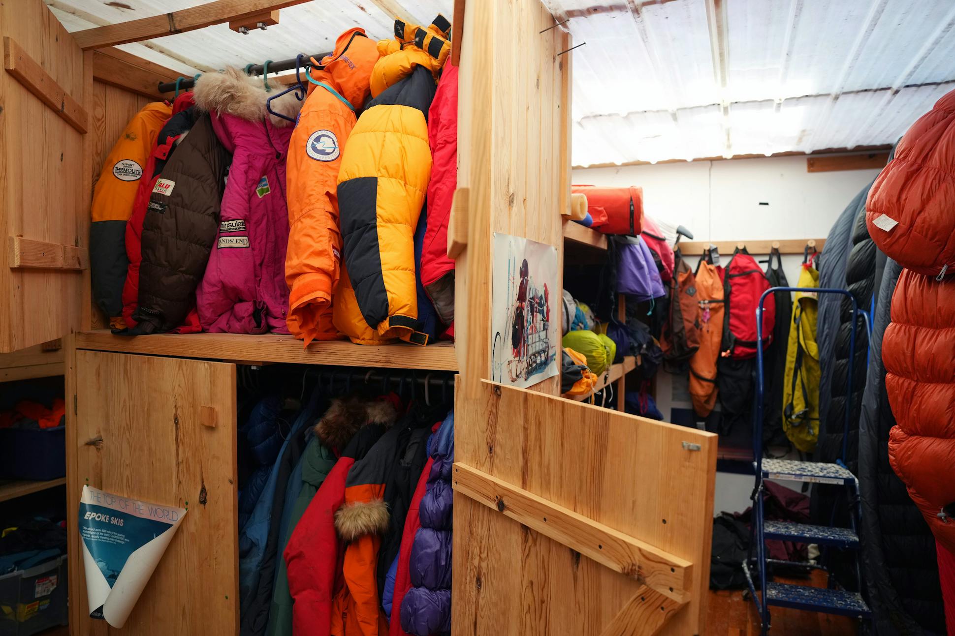 A storage building at his homestead held all manner of Steger expedition gear, from parkas to skis to thermos, and on.