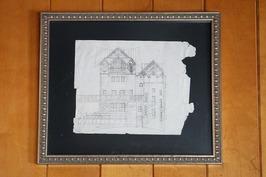 Steger has his sketch of his center framed in his cabin. He began drawing his idea during his Trans-Antarctica expedition in 1989.