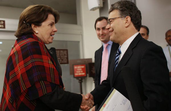 Al Franken greets Sen. Dianne Feinstein, D-Calif. on Capitol Hill in Washington on Wednesday following a meeting with Senate Majority Leader Harry Rei
