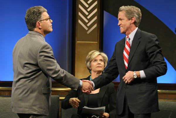Al Franken, Almanac co-host Cathy Wurzer and Norm Coleman at an early debate.