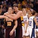 Lindsay Whalen and Janel McCarville in March 2004, when the Gophers beat Duke to win their regional and advance to the Final Four.