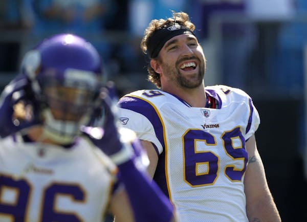 Minnesota Vikings' Jared Allen (69) warms up against the Carolina Panthers before an NFL football game in Charlotte, N.C., Sunday, Oct. 30, 2011. The 
