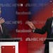 Former Pennsylvania Sen. Rick Santorum, left, and former Massachusetts Gov. Mitt Romney sparred during a Republican presidential candidate debate this