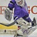 Little Falls goalie Michael Stumpf was in reverse as St. Thomas Academy’s Tom Novak scored the Cadets’ fifth goal.