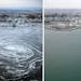 This combination photo shows the sea near Oarai port, Ibaraki prefecture on March 11, 2011, left, and March 3, 2012. It has been nearly one year since