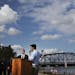 Govs. Mark Dayton, left, and Scott Walker spoke Friday near the Stillwater Lift Bridge, which is to become part of a pedestrian loop when the new brid