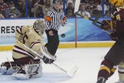 Boston College goalie Parker Milner (35) did not allow a goal in the first period.