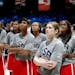 United States Olympic National Team women's basketball members Candace Parker, left, Maya Moore, Angel McCoughtry, Seimone Augustus, Lindsay Whalen, a