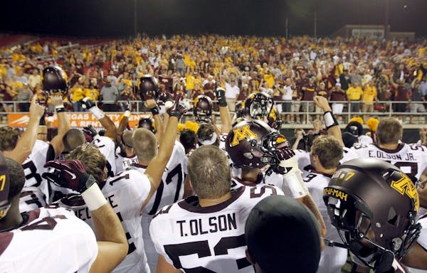 The Gophers celebrated with Minnesota fans in the stands at the end of the game. Minnesota beat UNLV by a final score of 30 – 27 in triple overtime.