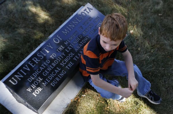 Mitch Spack,6, sits near the marker dedicated on Sunday by the University of Minnesota to honor the 350 people buried at the Pioneers and Soldiers Mem