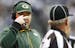 Packers coach Mike McCarthy talked to an official during the first quarter of their game against the Seattle Seahawks on Monday. Russell Wilson threw 
