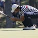Webb Simpson of the United States reacted Sunday after missing a putt on the 12th hole. Simpson, like many of his teammates, lost his match, Ian Poult