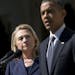 Secretary of State Hillary Rodham Clinton listens as President Barack Obama speaks on the death of U.S. ambassador to Libya Christopher Stevens, Wedne