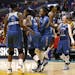 Lynx players celebrate their team's 80-79 win after Game 2 of the WNBA basketball Western Conference Finals against the Los Angeles Sparks.