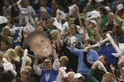 Fans waved their towels along with w big picture of Rebekkah Brunson in the first half of game one of the Western conference finals at the Target Cent