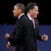 President Barack Obama and the Republican presidential candidate, Mitt Romney, shake hands after the presidential debate at Lynn University in Boca Ra