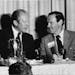 Gerald Ford, left, and Sen. George Pillsbury at the Registry Hotel during a visit to Minnesota in 1975.
