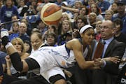 Maya Moore collided with Lynx assistant coach Jim Peterson on the sideline as she chased a loose ball late in Sunday’s game at Target Center. The Ly