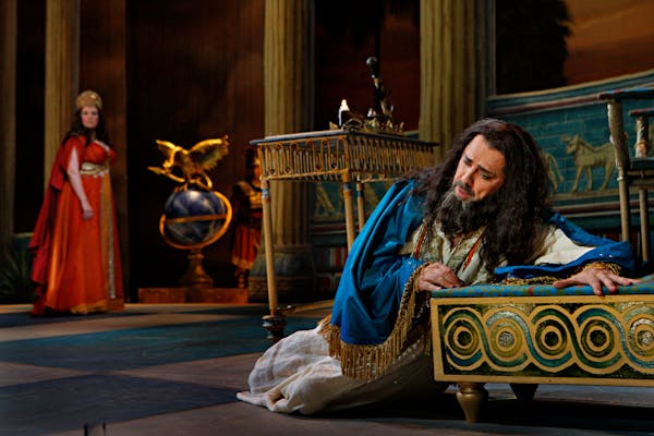 Brenda Harris as Abigaille, presumed daugher of Nabucco and Jason Howard as Nabucco, King of Babylon in the Minnesota Opera production of Nabucco.