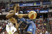 Lynx star Seimone Augustus ran into Indiana's Tamika Catchings during the third quarter of Friday's Game 3 of the WNBA Finals, a Fever blowout.