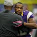 Minnesota Vikings head coach Leslie Frazier hugged receiver Percy Harvin during team warm-ups before Sunday's game.