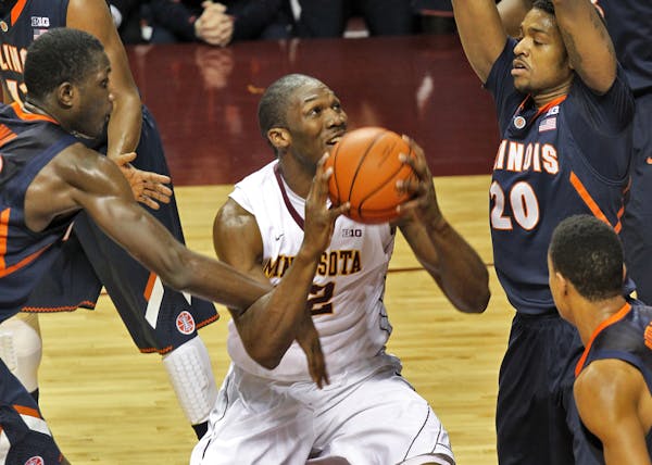Trevor Mbakwe was fouled as he drove to the basket in first half action against Illinois.