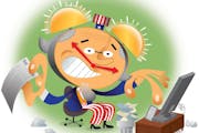300 dpi David Miller illustration of Uncle Sam, with his head depicted as an alarm clock, frantically trying to finish his taxes before the deadline. 
