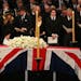 The coffin and floral tribute during the ceremonial funeral of former British Prime Minister Margaret Thatcher in St Paul's Cathedral in London, Wedne
