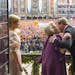In this handout photo Dutch King Willem-Alexander, right, kisses his mother Dutch Princess Beatrix, centre, as Dutch Queen Maxima, left, looks at the 