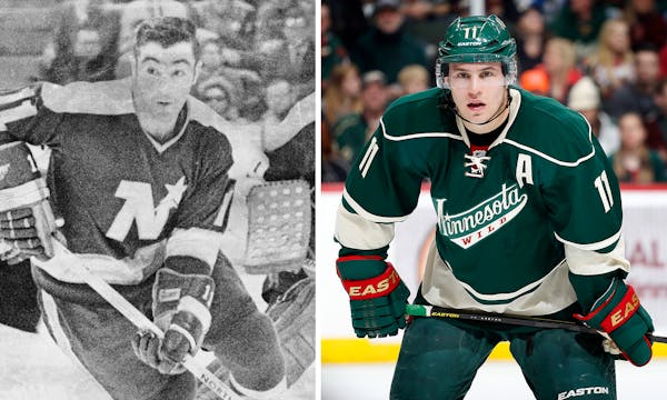 J.P. Parise, left, of the North Stars and son Zach of the Wild.