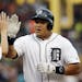 Detroit Tigers' Miguel Cabrera is congratulated after his solo home run during the first inning of a baseball game against the Philadelphia Phillies i