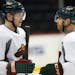 Wild captain Mikko Koivu and right winger Jason Pominville conferred during Monday’s practice. Signs point to Pominville returning to the lineup for