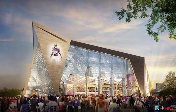 Architect's rendering of the new Vikings stadium, with a prow that will rise 272 feet above the sidewalk. Minnesota Vikings