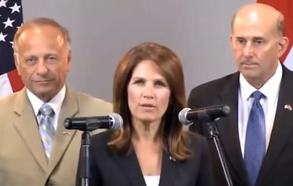 Screenshot of Iowa Rep. Steve King, Minnesota Rep. Michele Bachmann and Texas Rep. Louie Gohmert - all Republicans - on YouTube video made during thei