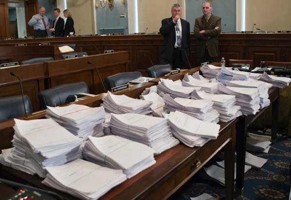 Stacks of paperwork awaiting members of the House Agriculture Committee on Capitol Hill in Washington as it meets to consider proposals to the 2013 Fa