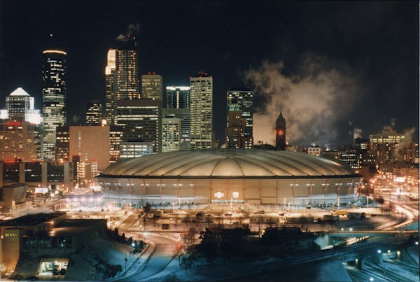 The Metrodome was aglow with special lighting for Super Bowl XXVI on Jan. 17, 1992, one of the few Super Bowls ever to be held in a northern state.