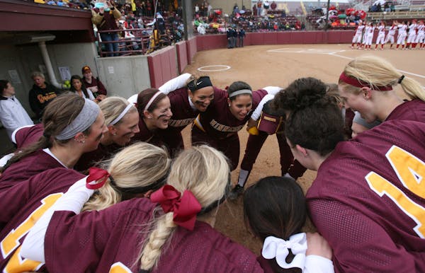 The Gophers softball team, getting ready for a rare home game this season. Photo credit: Jerry Lee, U of M