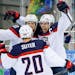 Minnesota connections abound on the U.S. team. From left, Ryan Suter, former Gopher Phil Kessel and Zach Parise, Suter’s Wild teammate, celebrated a