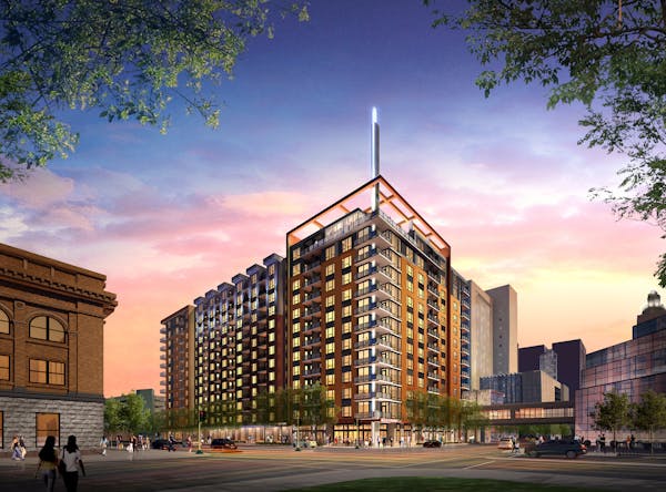 A rendering of the Latitude 45 apartment building, under construction on Washington Avenue S. in Minneapolis across from Milwaukee Rail Station..