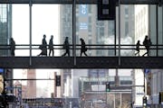 The climate-controlled skyway system in Minneapolis provides warmth for people moving from building to building.