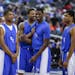 Kentucky Wildcats guard Aaron Harrison (2), James Young, Alex Poythress, and Andrew Harrsion joke around in preparation for the NCAA Final Four at AT&