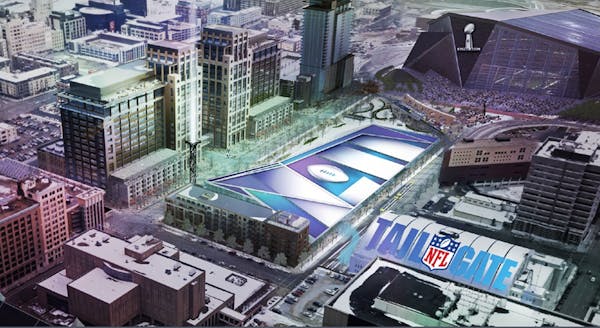 In this artist's rendering provided by the Vikings on Wednesday, a Super Bowl LII logo covers a seven-acre prime space for an NFL tailgate party next 