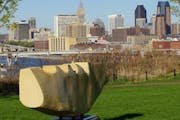 A sculpture by Javier del Cueto overlooks downtown from Indian Mounds Park.