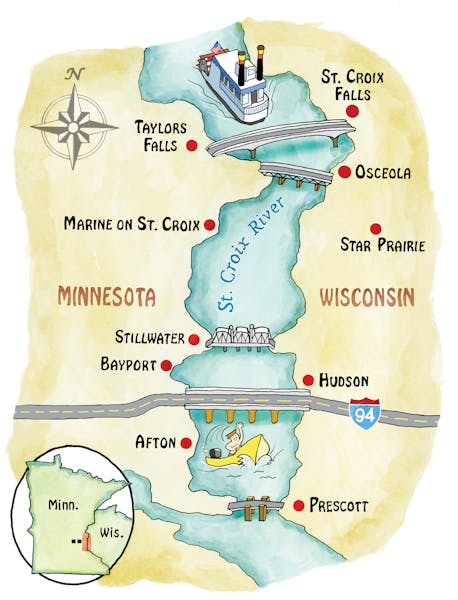Map locating towns visited by Rick Nelson as he tries restaurants arounf the St. Croix River Valley.