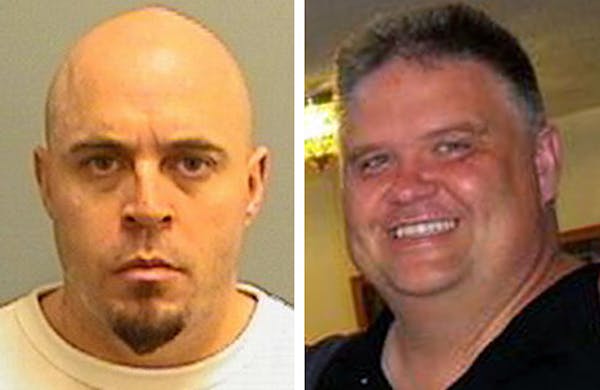Brian Fitch, left, is being sought in the fatal shooting of Mendota Heights police officer Scott Patrick, right.