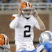 Cleveland Browns quarterback Johnny Manziel (2) audibles against the Detroit Lions in the second half of a preseason NFL football game at Ford Field i
