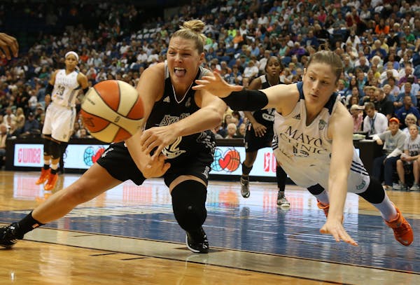 Lynx guard Lindsay Whalen, right, and the Stars’ Jayne Appel dived after a loose ball during the second half of Minnesota’s 88-84 playoff victory.