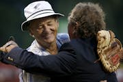 Bill Murray hugged Mike Veeck on Thursday night before the St. Paul Saints final game at Midway Stadium.