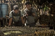 Minho (Ki Hong Lee) and Thomas (Dylan O’Brien) study a model of the maze for clues to escape in “The Maze Runner.”