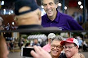 Top: GOP Senate candidate Mike McFadden laughed with Larry and Evy Walters of Brooklyn Park in the State Fair Cattle Barn. At bottom, Sen. Al Franken 